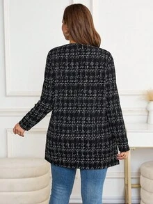 SHEIN Clasi Plus Size Plaid Casual Turndown Collar Commuter Coat, Spring/Autumn Long Sleeve Winter Coat, Office,Work - Black - View 3