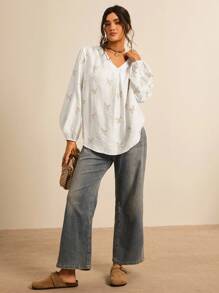 SHEIN LUNE Plus Size Women's Floral Embroidery V-Neck Lantern Sleeve Loose Casual Shirt V Neck Blouse Embroidered Blouse White Blouse Fall Clothes For Women Business Casual Woman - Multicolor - View 6