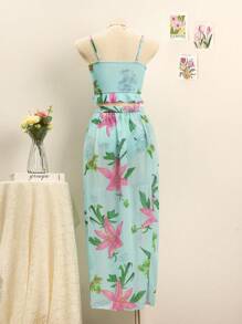 SHEIN Swim 女士夏季海滩花卉印花前结性感两件套比基尼套装带罩衫裙，3 件套 - 淺藍色 - 查看 2