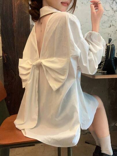 DAZY 女士纯色翻领镂空蝴蝶结韩版长袖衬衫，秋装