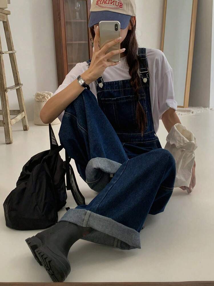 Women's Korean Style Washed Vintage Denim Bib Overalls And Jumpsuit