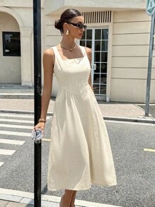 Siren Gaze Đầm midi cổ vuông xếp ly màu trơn đơn giản dành cho nữ - Màu be - Xem 4