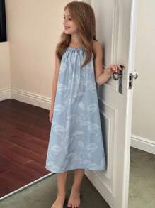 Hapijoa Tween Girl Comfortable Leaf Print Loose Camisole Nightgown, Summer - Blue - View 6