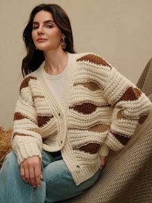 Anewsta Áo len cardigan màu tương phản, phù hợp cho mùa thu/đông và kỳ nghỉ - Màu be - Xem 1