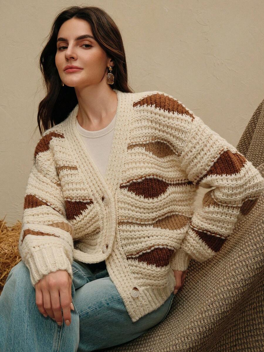 Anewsta Áo len cardigan màu tương phản, phù hợp cho mùa thu/đông và kỳ nghỉ - Màu be - Xem 1