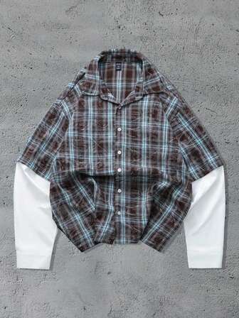 Street Life Herren Karomuster Patchwork 2-in-1 Langarmhemd, Herbst