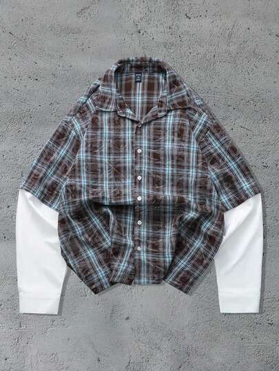 Street Life قميص رجالي بتصميم مربعات ملونة 2 في 1 بأكمام طويلة، موسم الخريف