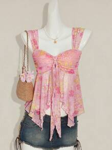 SHEIN ICON Women's Ditsy Floral Asymmetrical Hem Cute Floral Blouse, Adorable Summer Top Fall Women Clothes