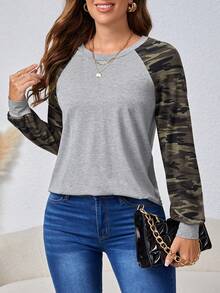 SHEIN LUNE Camo In Tay Raglan Áo thun - Xám - Xem 1