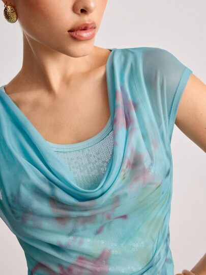 ROMWE Avant Conjunto de dos piezas con camisola de unicolor con superposición de malla con estampado floral vintage Y2K, adornado con lentejuelas y cuentas