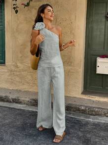 Selianne 2pcs/Set Women Solid Color Asymmetrical Collar Top And Wide Leg Pants, Vacation Style - Light Wash - View 3