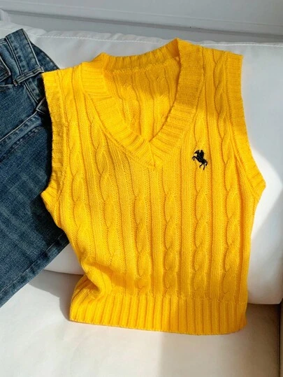 Comfortcana 大码 V 领扭结骑马标志休闲毛衣背心，秋冬