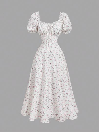 SHEIN MOD Vestido casual de mujer con mangas abultadas y estampado floral en color rosa pálido, estilo de lechera para vacaciones