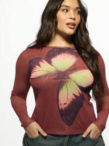 MISSGUIDED PLUS Cộng Với Kích Thướ Bướm In Áo Dài Tay Trang Bị Hàng Đầu Thời Trang Mùa Thu Mùa Xuân Trang Phục Thường Ngày Mỏng Vừa Vặn Tuyên Bố Đồ Họa Áo Phông Màu Đỏ Tía Hiện Đại - Rỉ Nâu - Xem 3