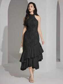 Heiryn 女士时尚优雅浪漫露肩不对称荷叶边下摆中长连衣裙 - 黑色 - 查看 7