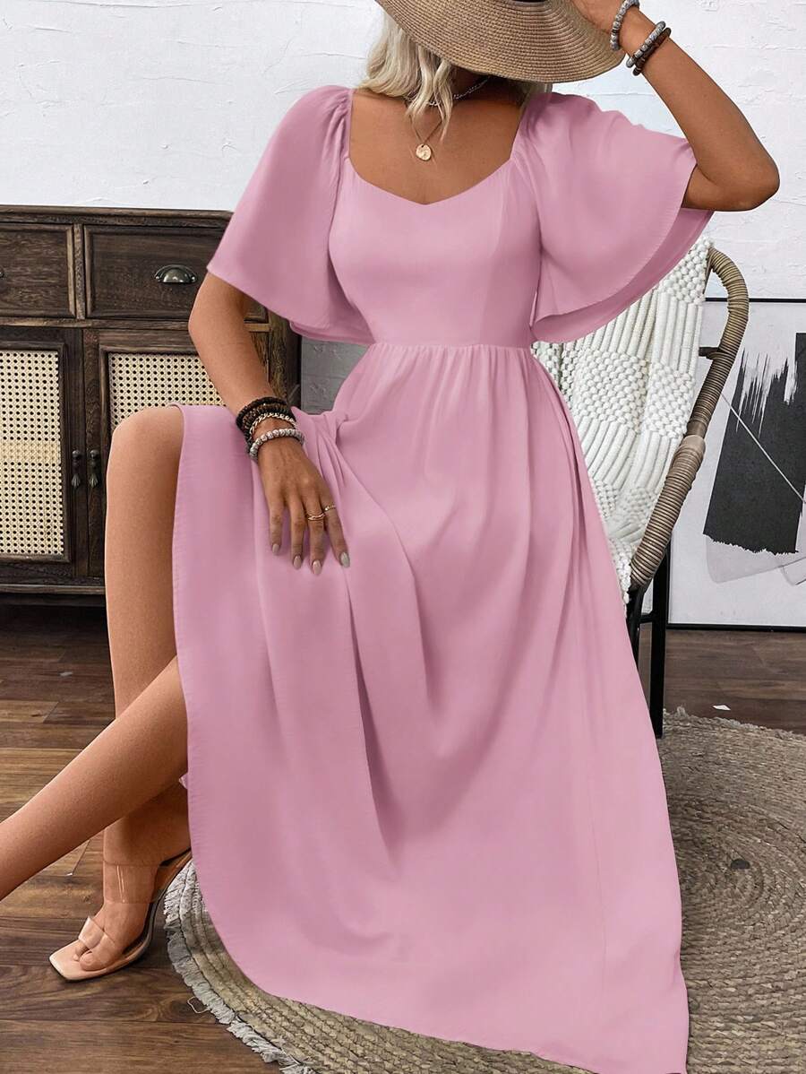 SHEIN LUNE Clasi Breezaya 女式淡蓝色波西米亚风方形优雅领口浪漫毕业生日礼服音乐会服装海滩女士服装泡泡袖露背蝴蝶结连衣裙带蝴蝶结春夏超长度假柔软面料荷叶边袖长裙 - 粉色 - 查看 1