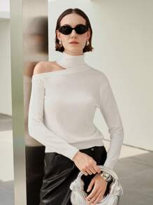Uhlyne Uhlyne Pull en tricot blanc minimaliste, élégant et polyvalent pour femmes. Col montant asymétrique, ajusté. Idéal pour le bureau, l'école, l'automne. Tenue de travail modeste et neutre en tricot tout blanc pour le printemps, l'automne et l'hiver. - Blanc - Voir 8