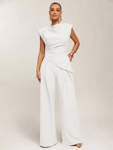 Silquee Blusa casual de mujer minimalista de unicolor con cintura ceñida y bajo asimétrico, blusa drapeada blanca, blusa elegante blanca - Blanco - Ver 4