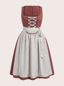 Fairmaia Vestido de encaje sin mangas con cuello cuadrado y cordones, con delantal blanco anudado, disfraz tradicional alemán de mujer, Dirndl, Halloween, talla grande