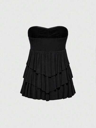 Débardeur vintage sexy à col orné de strass, à ourlet multicouche en forme de A