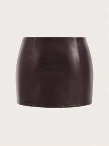 SHEIN ICON Y2k 黑色 PU 迷你裙，斜拉链，配腰带 - 棕色 - 查看 8