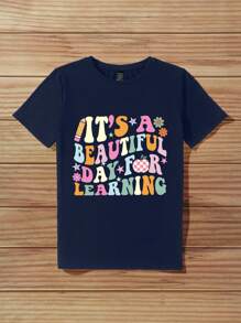 SHEIN LUNE 彩色“美丽的一天”字母图案圆领短袖T恤女款，棉混纺，适合夏季 - 藏蓝色 - 查看 3