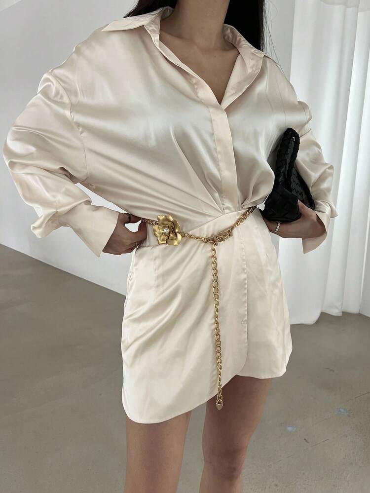 Women's Satin Waist Cinched Short Shirt Dress