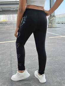 Young Girl Casual Street Chic Fitted Glow-In-The-Dark Heart Print Leggings Fall Winter