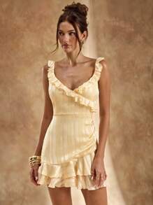 SHEIN BAE Váy không tay hở vai cổ chữ V sâu gợi cảm màu vàng bơ cho nữ, váy màu vàng, váy đi nghỉ, váy tốt nghiệp, váy phù dâu, xuân/hè - Màu vàng - Xem 3