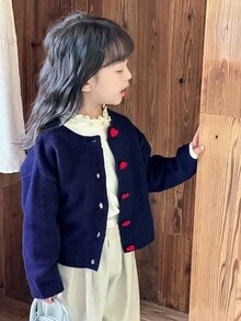 DAZY 女童纯色韩版休闲爱心装饰长袖开衫，春秋季 - 藏蓝色 - 查看 5