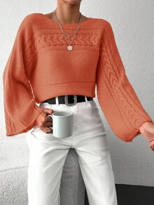 EURMUSE Ladies' Solid Color Bell Sleeve Sweater - Dusty Pink - View 5