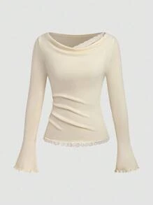 SHEIN LUNE Autumn/Winter Lace Patchwork Minimalist Flare Sleeve Knit Pullover Sweater For Women Knit Pullover Fall - Apricot - View 2