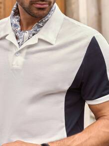 Manfinity VCAY Men's Casual Knit Patchwork Raglan Short Sleeve Polo Shirt, Suitable For Daily Wear - Blue and White - View 3