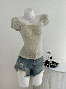 Elamini 女式纹理提花方领泡泡袖收腰修身T恤，春夏 - 薄荷綠 - 查看 4