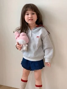 DAZY 女童连帽休闲蝴蝶结刺绣长袖运动衫，春秋季 - 灰色 - 查看 7