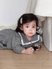 DAZY 2pcs Baby Girls' Lace Patchwork Collared Long Sleeve Cardigan And Pleated Skirt Knit Sweater Set Fall,Winter