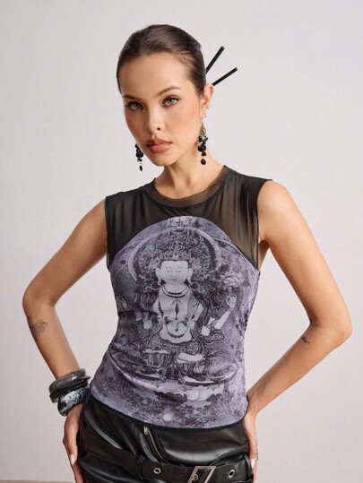ROMWE Avant Blusa de malla transparente con estampado de Buda y patchwork de estética oriental para mujeres