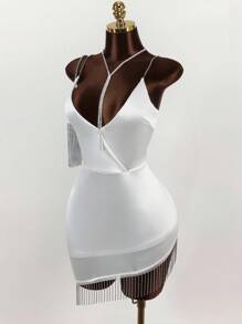 Y2K Amplova Elegant Women's Sexy Rhinestone Tassel Hem Spaghetti Strap Mini Dress, Summer White Fringe Dress White Cocktail Dress White Club Dress White Rhinestone Dress,, Ideal For Parties And Making A Statement. - White - View 3