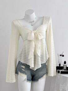 Elamini Women's V-Neck Long Sleeve T-Shirt, Tie Bow Textured Fabric, Slim Fit, Casual Vacation, Spring/Autumn Fall Cloth For Women - Apricot - View 3