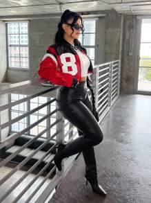 SHEIN SXY Damen Lässig Kontrast Farbige Numerisches Muster Kurze Jacke