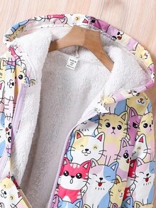 Tween Girl Casual Cartoon Print Thermal Lined Hooded Coat, Autumn/Winter Fall