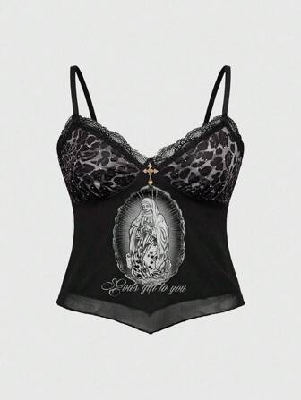 Fairycore Camiseta de tirantes con estampado de leopardo, parches, encaje y cristales para talla grande estilo Y2K