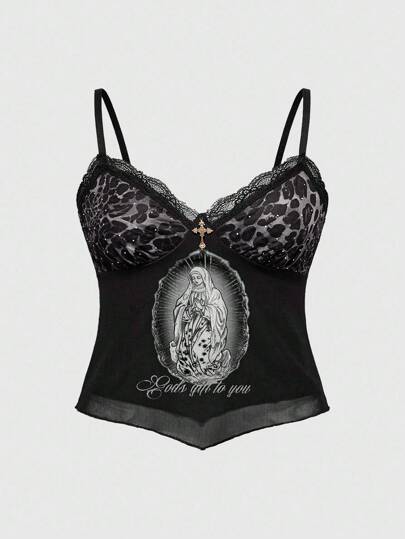 Fairycore Débardeur grande taille Y2K Sainte Marie imprimé léopard patchwork avec strass et dentelle