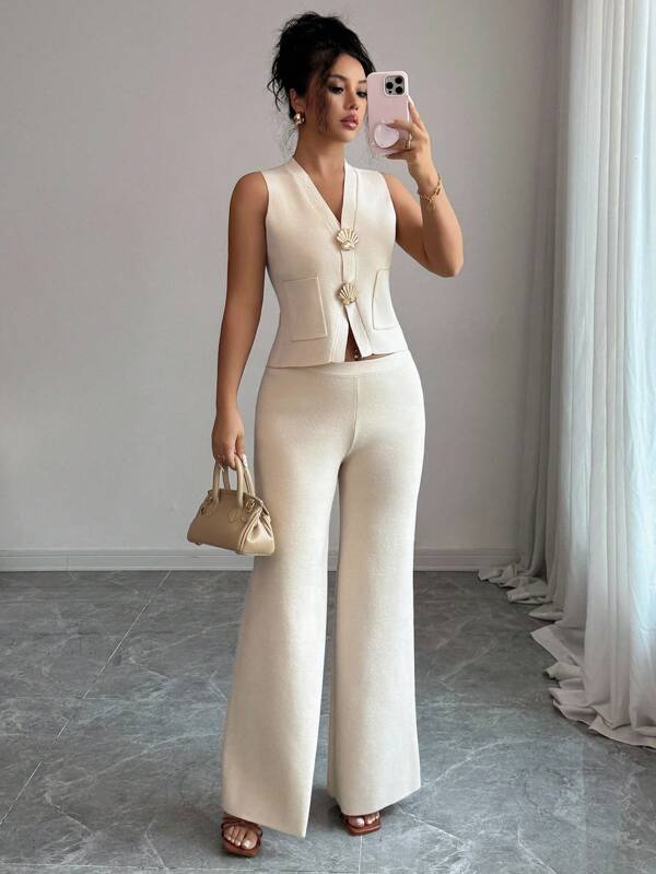 SHEIN Frenchy Set de top de punto con botones y pantalones minimalista y casual para mujer