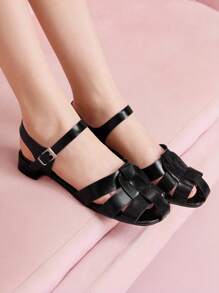 CUCCOO DOLLMOD 2025夏季新款镂空编织包头休闲百搭简约罗马风平底凉鞋女 - 黑色 - 查看 5