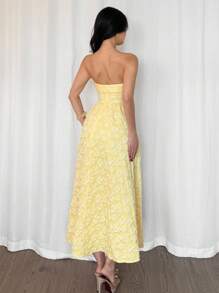 Firerie Women's Elegant Romantic Textured High Waist A-Line Midi Dress, Strapless, Yellow, Suitable For Dating, Vacation, Party, Butter Yellow, Vacation Outfits Woman - Yellow - View 3