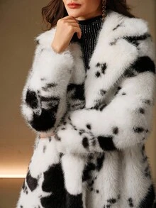 Anewsta 女士时尚休闲长款人造毛领宽松奶牛印花白色外套 - 黑與白 - 查看 2