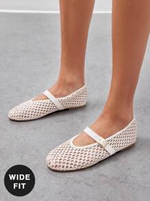 SHUZIA 女式宽版舒适拉菲草玛丽珍芭蕾平底鞋 - 白色 - 查看 2