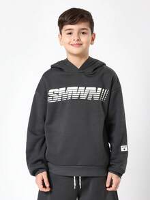 SUMWON Conjunto Esportivo Oversized Juvenil com Moletom com Capuz e Estampa de Slogan e Shorts Combinando, Conjunto Casual de Duas Peças para Primavera, Outono, Inverno - Chumbo - Visão 3