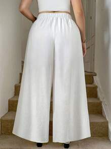 SHEIN LUNE 大码返校服装女士百搭纯色秋季女装宽腿复古服装女士商务休闲女士曲线返校节秋季女装裤子 - 白色 - 查看 2